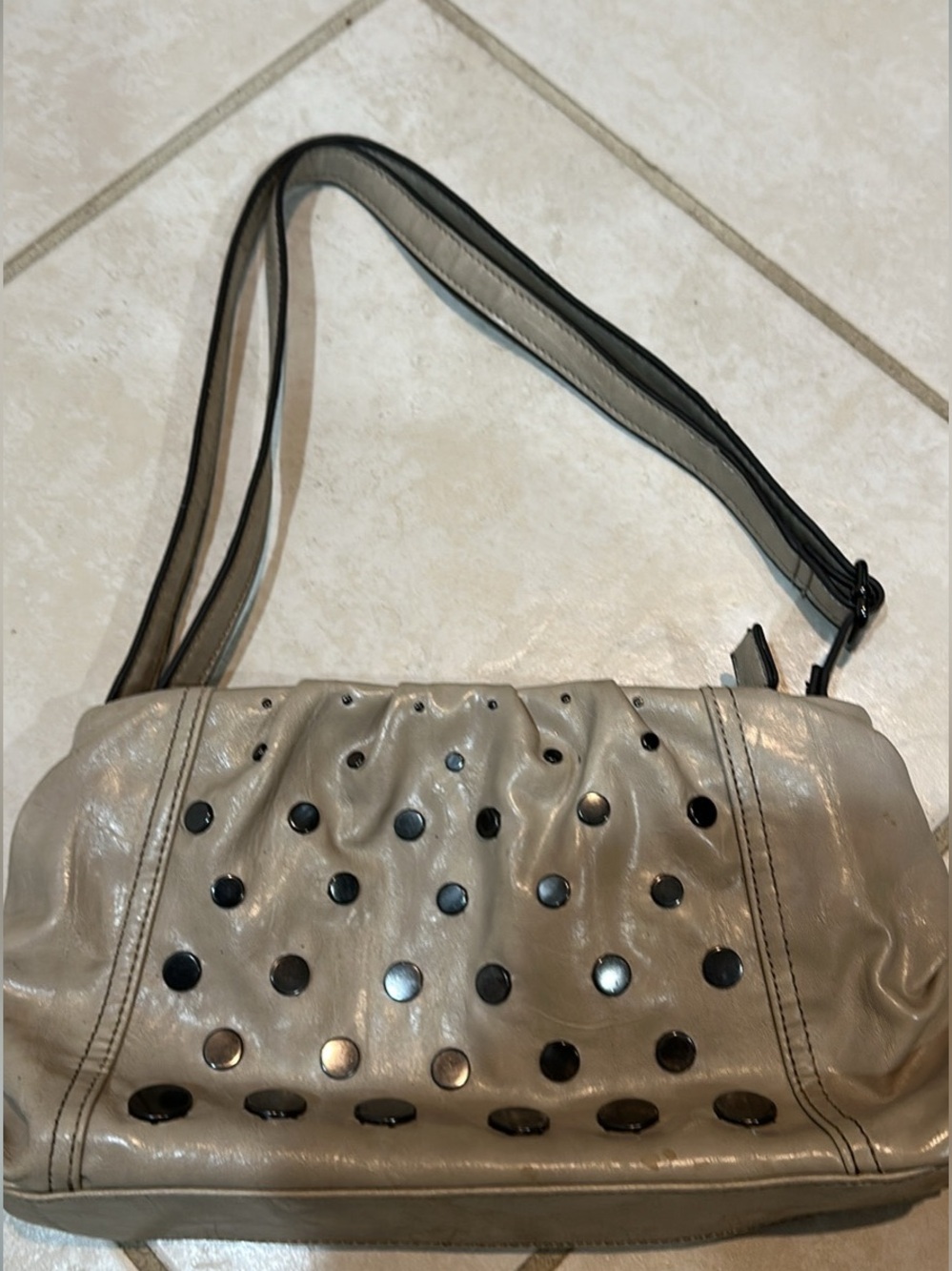 Vintage Y2K Taupe BlackTauFaux Leather Studded Shoulder Bag Ruched Clutch Purse
